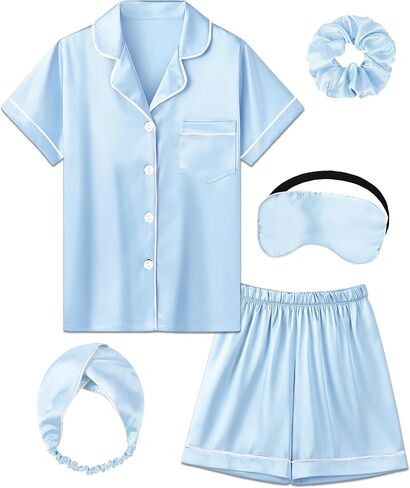 MORFORU Satin Kid Short Pajamas Set 5 Piece Child Silk Pjs Button Sleepwear with Eye Mask, Hairhand, Hair Ring in Saudi Arabia