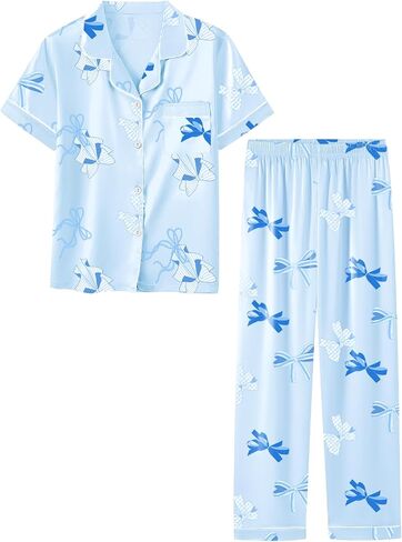 Umeyda Girls Womens Pajamas Set, Satin Silky Button Down Loungewear 2 Piece Short Sleeve Pants PJS Sets for Mommy Kids in Saudi Arabia