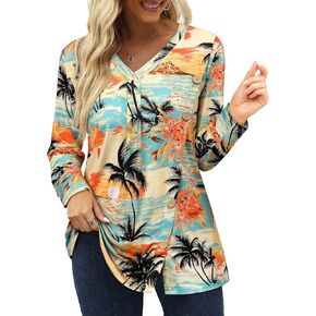Womens V Neck Hawaiian Shirt Fall Vintage Floral Tropical Printed Tunic Top Long Sleeve Buttons Side Shirts in Kuwait