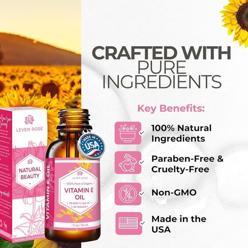 Leven Rose Vitamin E Oil 75,000 IU per oz 100% Natural, Organic, Pure Vitamin E Oil for Skin, Face, Hair, Nails, and Scars, 4 oz in Kuwait