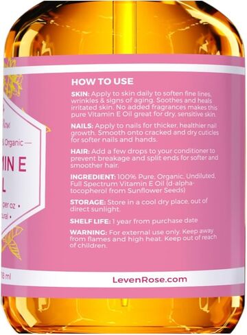 Leven Rose Vitamin E Oil 75,000 IU per oz 100% Natural, Organic, Pure Vitamin E Oil for Skin, Face, Hair, Nails, and Scars, 4 oz in Kuwait