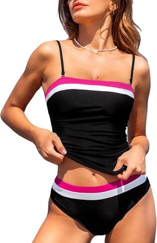 CUPSHE Women's Tankini Sets Two Piece Swimsuit Square Neck Bandeau Bathing Suit Spaghetti Adjustable Removable Straps in Saudi Arabia