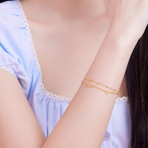 18K Yellow Gold Charm Bracelet Hollow Heart Star Butterfly Charms Delicate Double Chain Bracelets Adjustable Cute Jewelry for Women Her Mom Daughter Birthday Anniversary 16+3cm/6.3-7.5" in Saudi Arabia