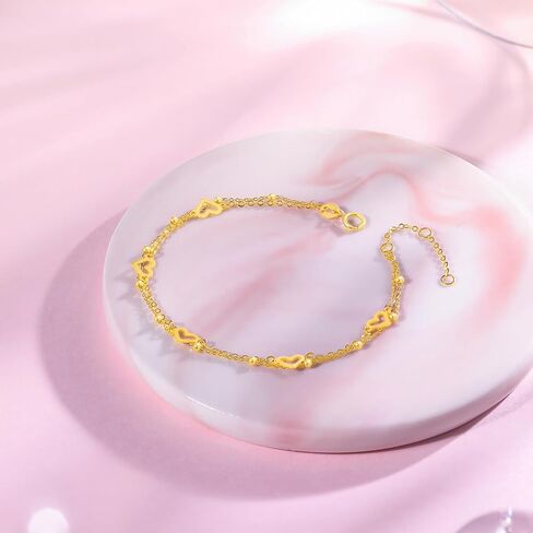 18K Yellow Gold Charm Bracelet Hollow Heart Star Butterfly Charms Delicate Double Chain Bracelets Adjustable Cute Jewelry for Women Her Mom Daughter Birthday Anniversary 16+3cm/6.3-7.5" in Saudi Arabia