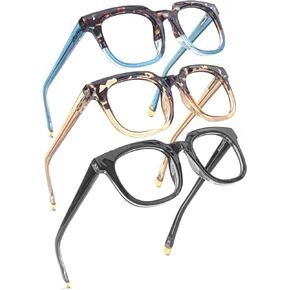 3 Pack Womens Square Reading Glasses, Designer Style Computer Blue Light Blocking Quality Spring Hinge Readers