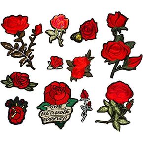 11pcs Assorted Red Rose Embroidered Flower Iron on Patches for Jacket Jeans Rose Flower Sew on Patch Applique for DIY Clothing Sewing Bags Shoes Hat Decor (Style 6)