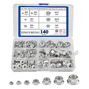 140Pcs 7Kinds 304 Stainless Steel M3 M4 M5 M6 M8 M10 M12 Stainless Steel DIN6923 Hex Flange Nut Assortment Kit with Figured Teeth for Anti-Slip and Anti-Loose