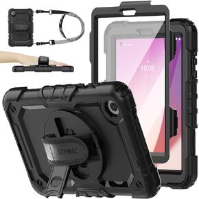 SEYMAC stock for Lenovo Tab M8 (4th Gen) 8 inch Case 2023 (TB-300FU/TB-300XU) with Screen Protector, 360° Rotate Stand&Strap, Pen Holder Drop-Proof Protection Case for Lenovo Tab M8 4th (Black)