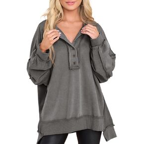 AlvaQ Women's Oversized Sweatshirt Casual Long Sleeve Button Henley Neck Pullover Tunic Tops Outfits