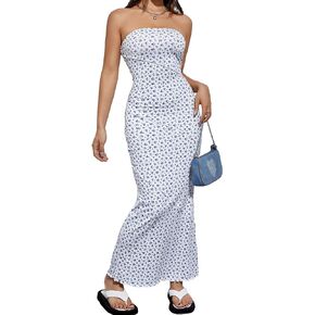 Floerns Women's Floral Print Sleeveless Tube Dress Lettuce Trim Strapless Bodycon Maxi Dress