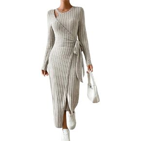WDIRARA Women's Cut Out Asymmetrical Neck Ribbed Knit Knot Side Long Sleeve Wrap Hem Maxi Dress