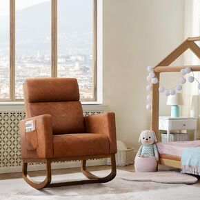 Yaheetech Rocking Chair, Modern Glider Chair, Recliner Armchair with Wood Legs and Side Pocket, Nursery Rocking Accent Chair with High Back for Living Room Bedroom, Beige