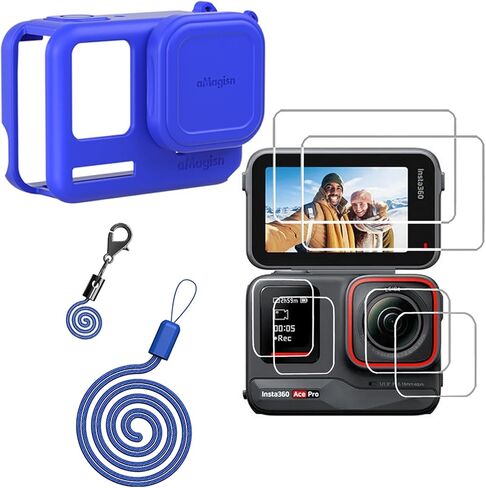 حقيبة حافظة من السيليكون مع واقي شاشة بغطاء عدسة لجهاز Insta360 ACE PRO، غطاء حماية من المطاط الناعم لحماية شاشة LCD الزجاجية (أزرق) in Kuwait