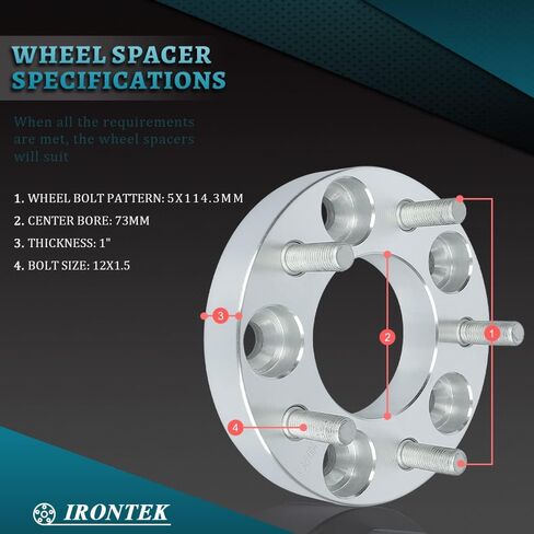 IRONTEK Wheel Spacers 5x114.3mm 1in (73mm Hub Bore, 12x1.5 Studs) 5x4.5 to 5x4.5 Wheel Spacers Adapter 25mm FITS Acura RSX NSX CL TSX TL RL for Toyota Rav4 for Chrysler 300M for Hyundai Tiburon 2PCS in Saudi Arabia