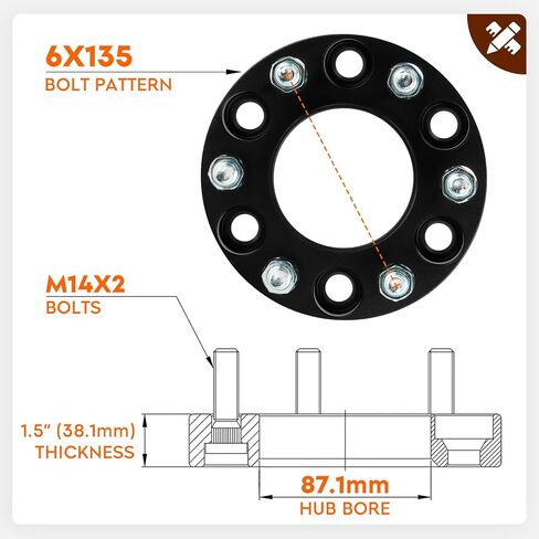 محولات عجلة مركزية AEagle 6x135، 1.5 بوصة لـ 2004-2014 Ford F150 2WD 4WD، 6 فواصل عجلات مزورة مع مسامير M14x2 87.1 مم تتحمل 4 قطع in Saudi Arabia