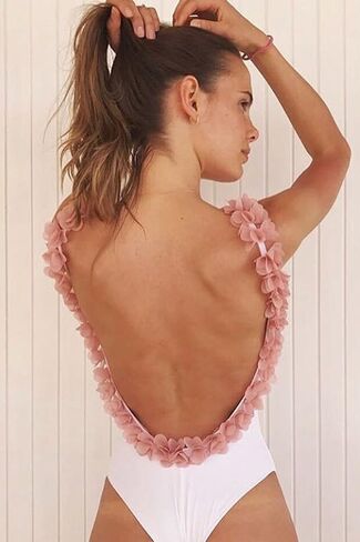 Pink Flowers Backless One Piece Swimsuit for Girls U Shape Open Back Jumpsuit in Saudi Arabia