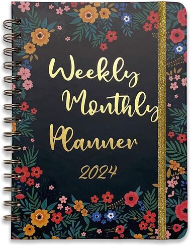2024 Weekly Planner Spiral Bound, 2024 Calendar 12 Month Weekly And Monthly Planner With Tabs, 2024 Planner Hardcover, Elastic, Back Pocket, Contacts, Holidays, Notes, Black Floral Design in Saudi Arabia