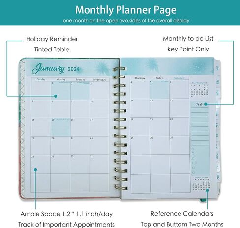 2024 Weekly Planner Spiral Bound, 2024 Calendar 12 Month Weekly And Monthly Planner With Tabs, 2024 Planner Hardcover, Elastic, Back Pocket, Contacts, Holidays, Notes, Black Floral Design in Saudi Arabia