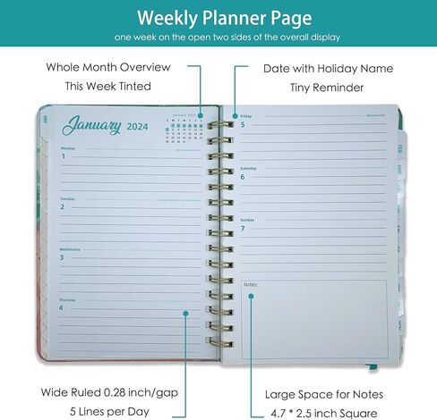 2024 Weekly Planner Spiral Bound, 2024 Calendar 12 Month Weekly And Monthly Planner With Tabs, 2024 Planner Hardcover, Elastic, Back Pocket, Contacts, Holidays, Notes, Black Floral Design in Saudi Arabia