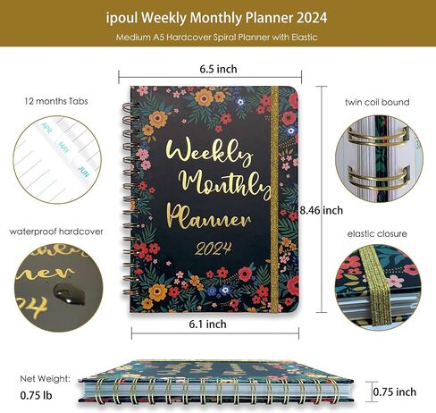 2024 Weekly Planner Spiral Bound, 2024 Calendar 12 Month Weekly And Monthly Planner With Tabs, 2024 Planner Hardcover, Elastic, Back Pocket, Contacts, Holidays, Notes, Black Floral Design in Saudi Arabia