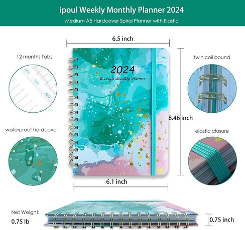 2024 Weekly Planner Spiral Bound, 2024 Calendar 12 Month Weekly And Monthly Planner With Tabs, 2024 Planner Hardcover, Elastic, Back Pocket, Contacts, Holidays, Notes, Black Floral Design in Saudi Arabia