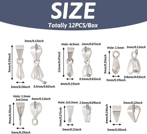 Cheriswelry 12Pcs/Box Pendant Bails Jewelry Making Kit with 925 Sterling Silver Snap on Bails Ice Pick Pinch Bails Clasp Dangle Charm Pendant Connector Bails 4-12mm for Jewelry Making in Saudi Arabia