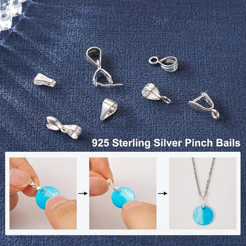 Cheriswelry 12Pcs/Box Pendant Bails Jewelry Making Kit with 925 Sterling Silver Snap on Bails Ice Pick Pinch Bails Clasp Dangle Charm Pendant Connector Bails 4-12mm for Jewelry Making in Saudi Arabia