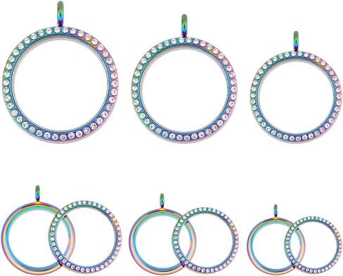 SUPERFINDINGS 3Pcs 3 Styles Alloy Locket Pendants Double Sides with Glass Photo Frame Charms Rainbow Color Flat Round Pendant for DIY Memorial Jewelry Necklace Making Inner Diameter 25~35mm in Saudi Arabia