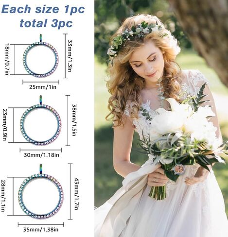 SUPERFINDINGS 3Pcs 3 Styles Alloy Locket Pendants Double Sides with Glass Photo Frame Charms Rainbow Color Flat Round Pendant for DIY Memorial Jewelry Necklace Making Inner Diameter 25~35mm in Saudi Arabia
