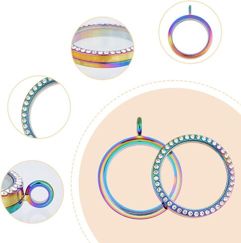 SUPERFINDINGS 3Pcs 3 Styles Alloy Locket Pendants Double Sides with Glass Photo Frame Charms Rainbow Color Flat Round Pendant for DIY Memorial Jewelry Necklace Making Inner Diameter 25~35mm in Saudi Arabia