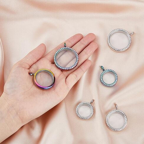 SUPERFINDINGS 3Pcs 3 Styles Alloy Locket Pendants Double Sides with Glass Photo Frame Charms Rainbow Color Flat Round Pendant for DIY Memorial Jewelry Necklace Making Inner Diameter 25~35mm in Saudi Arabia