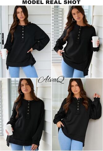 سويت شيرت نسائي كبير الحجم من AlvaQ كاجوال بأكمام طويلة وأزرار ورقبة هينلي، ملابس علوية in Kuwait