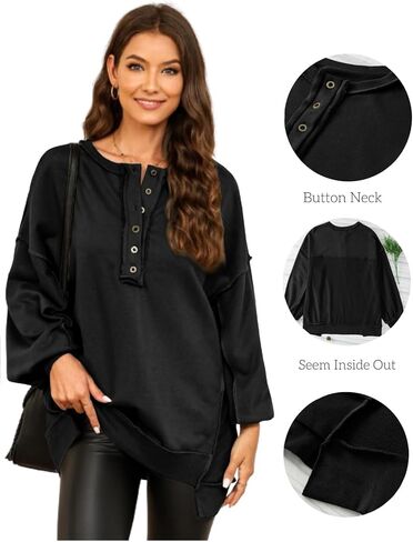 سويت شيرت نسائي كبير الحجم من AlvaQ كاجوال بأكمام طويلة وأزرار ورقبة هينلي، ملابس علوية in Kuwait