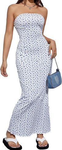 Floerns Women's Floral Print Sleeveless Tube Dress Lettuce Trim Strapless Bodycon Maxi Dress in Saudi Arabia