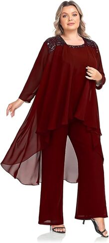 فستان أم العروس للسيدات من VK Selec 3 قطع محاكاة من الشيفون الحريري مع سترة مطرزة من الشيفون فساتين الحفلات 2023 خرز-عنابي مقاس XX-Large in Kuwait