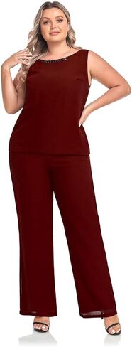 فستان أم العروس للسيدات من VK Selec 3 قطع محاكاة من الشيفون الحريري مع سترة مطرزة من الشيفون فساتين الحفلات 2023 خرز-عنابي مقاس XX-Large in Kuwait