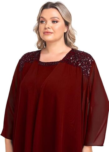 فستان أم العروس للسيدات من VK Selec 3 قطع محاكاة من الشيفون الحريري مع سترة مطرزة من الشيفون فساتين الحفلات 2023 خرز-عنابي مقاس XX-Large in Kuwait