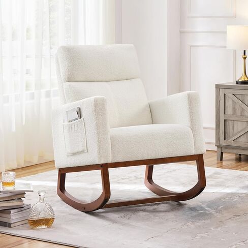 Yaheetech Rocking Chair, Modern Glider Chair, Recliner Armchair with Wood Legs and Side Pocket, Nursery Rocking Accent Chair with High Back for Living Room Bedroom, Beige in Saudi Arabia