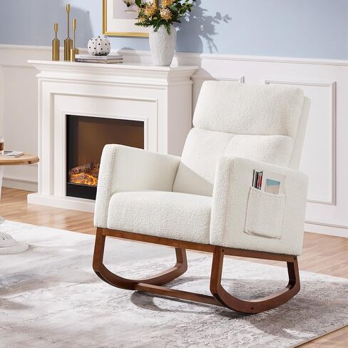 Yaheetech Rocking Chair, Modern Glider Chair, Recliner Armchair with Wood Legs and Side Pocket, Nursery Rocking Accent Chair with High Back for Living Room Bedroom, Beige in Saudi Arabia