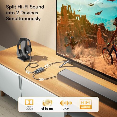 مقسم صوت بصري Warrky مع كابل نايلون بطول 2 قدم، مقسم بصري 1 في 2 خارج 【هيكل من الألومنيوم، مطلي بالذهب】 مقسم Toslink لـ LPCM 2.0، Dolby، DTS 5.1، متوافق مع مكبرات الصوت وسماعات الرأس وأجهزة التلفاز in Kuwait