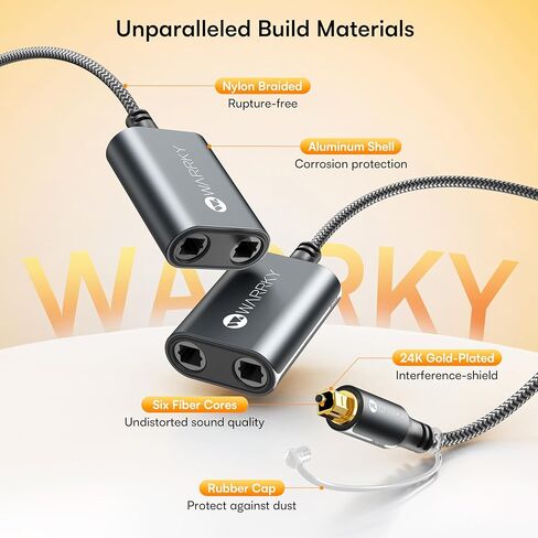 مقسم صوت بصري Warrky مع كابل نايلون بطول 2 قدم، مقسم بصري 1 في 2 خارج 【هيكل من الألومنيوم، مطلي بالذهب】 مقسم Toslink لـ LPCM 2.0، Dolby، DTS 5.1، متوافق مع مكبرات الصوت وسماعات الرأس وأجهزة التلفاز in Kuwait