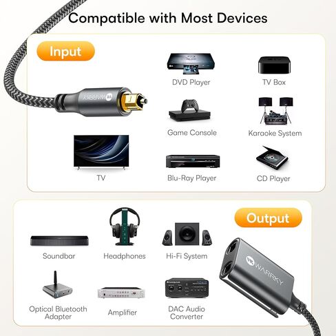 مقسم صوت بصري Warrky مع كابل نايلون بطول 2 قدم، مقسم بصري 1 في 2 خارج 【هيكل من الألومنيوم، مطلي بالذهب】 مقسم Toslink لـ LPCM 2.0، Dolby، DTS 5.1، متوافق مع مكبرات الصوت وسماعات الرأس وأجهزة التلفاز in Kuwait