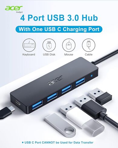 Acer USB C Hub 4 منافذ، 4 منافذ من النوع C إلى USB 3.1 محول، USB C محمول فائق النحافة إلى محور USB متعدد المنافذ لأجهزة الكمبيوتر المحمول بمنفذ C، iMac Pro، MacBook Pro، iPad. Windows وLinux وAcer PC والمزيد (0.7 قدم) in Kuwait