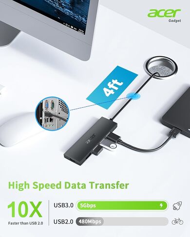 Acer USB C Hub 4 منافذ، 4 منافذ من النوع C إلى USB 3.1 محول، USB C محمول فائق النحافة إلى محور USB متعدد المنافذ لأجهزة الكمبيوتر المحمول بمنفذ C، iMac Pro، MacBook Pro، iPad. Windows وLinux وAcer PC والمزيد (0.7 قدم) in Kuwait