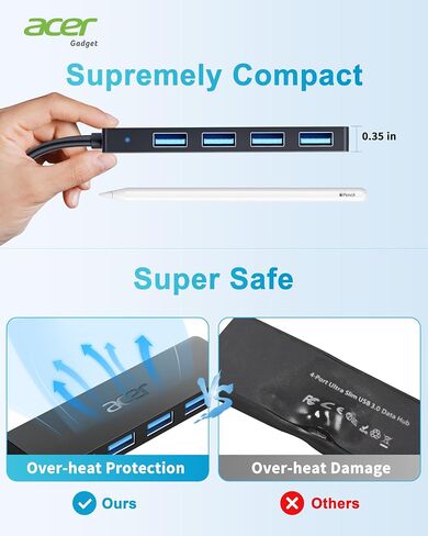 Acer USB C Hub 4 منافذ، 4 منافذ من النوع C إلى USB 3.1 محول، USB C محمول فائق النحافة إلى محور USB متعدد المنافذ لأجهزة الكمبيوتر المحمول بمنفذ C، iMac Pro، MacBook Pro، iPad. Windows وLinux وAcer PC والمزيد (0.7 قدم) in Kuwait
