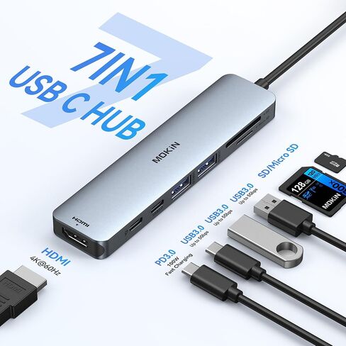 MOKiN 10 جيجابت في الثانية USB C Hub Ethernet، محول USB C 7 في 1 لجهاز MacBook Pro/Air مع 4K@60HZ HDMI، 3*USB-C بيانات 10 جيجابت في الثانية، RJ45، USB 2.0، 100W PD، USB C Dongle لجهاز MacBook Pro/Air/Dell /إتش بي/ثينك باد/لينوفو. in Kuwait
