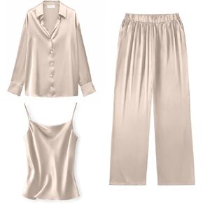 Ekouaer Womens Silk 3 Piece Pajamas Satin Camisole Loungewear Set Button-Down Cardigan with Loose Pants S-XXL in Saudi Arabia