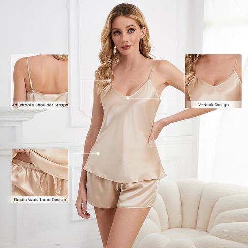 طقم بيجامة حريمي من THXSILK مكون من قطعتين 6A + درجة 100% ثوب نوم حرير التوت ناعم فاخر ورقبة على شكل حرف V طقم شورت كامي ملابس نوم in Kuwait