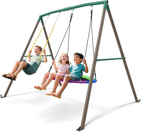 Trekassy 440lbs 2 Seat Swing Sets for Backyard, 1 Saucer Swing and 1 Belt Swing with Heavy Duty Outdoor A-Frame Metal Swing Stand for Playground, Playset in Saudi Arabia