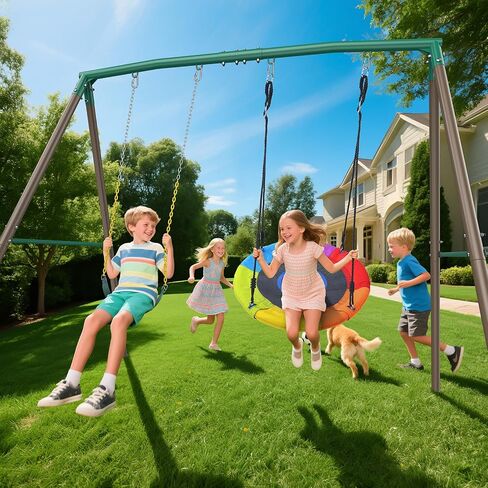 Trekassy 440lbs 2 Seat Swing Sets for Backyard, 1 Saucer Swing and 1 Belt Swing with Heavy Duty Outdoor A-Frame Metal Swing Stand for Playground, Playset in Saudi Arabia